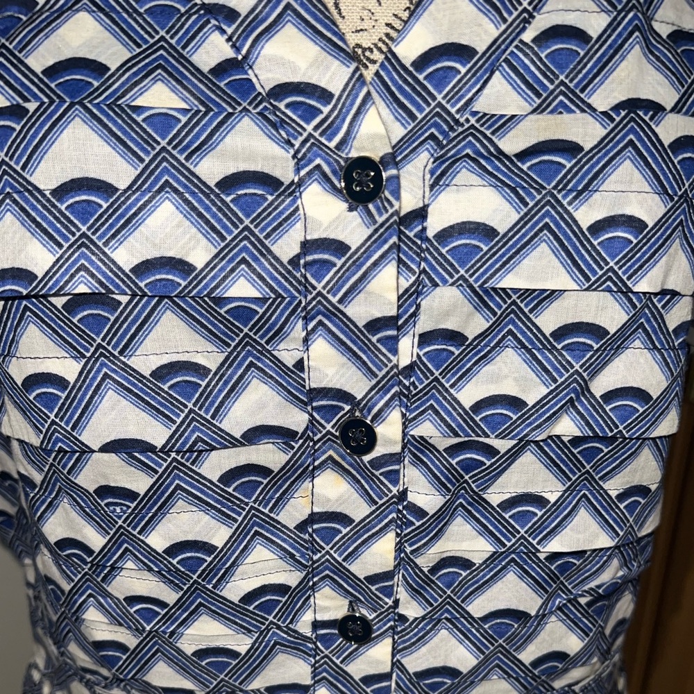 Tory Burch Blue White Geometric Print Sleeveless Pleated Dress Size 10 - Picture 8 of 13